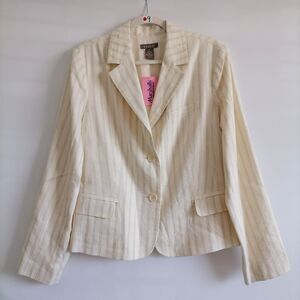 NWT Kenar Womens Ivory Linen Blend Front Two Button Style Striped Blazer Size 14